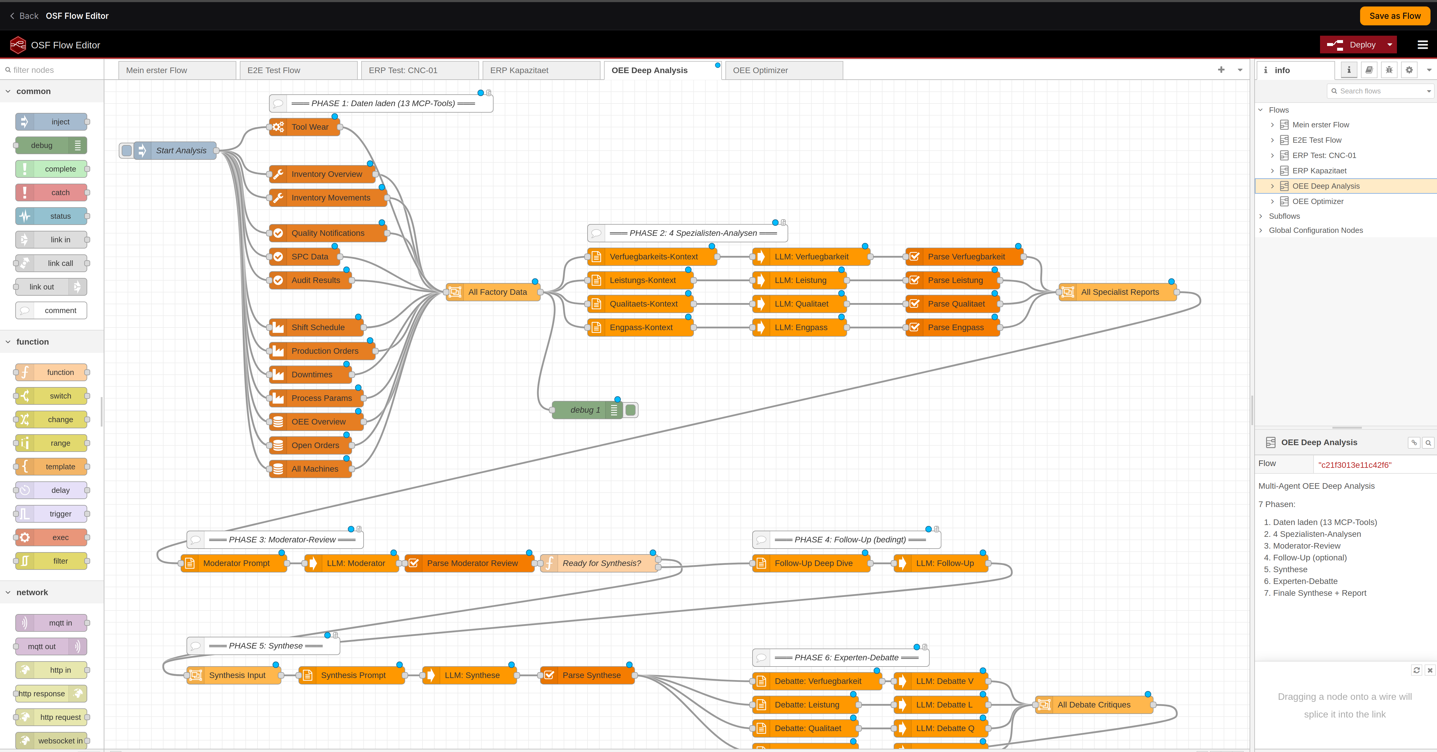 Node-RED Flow Editor with AI agent nodes